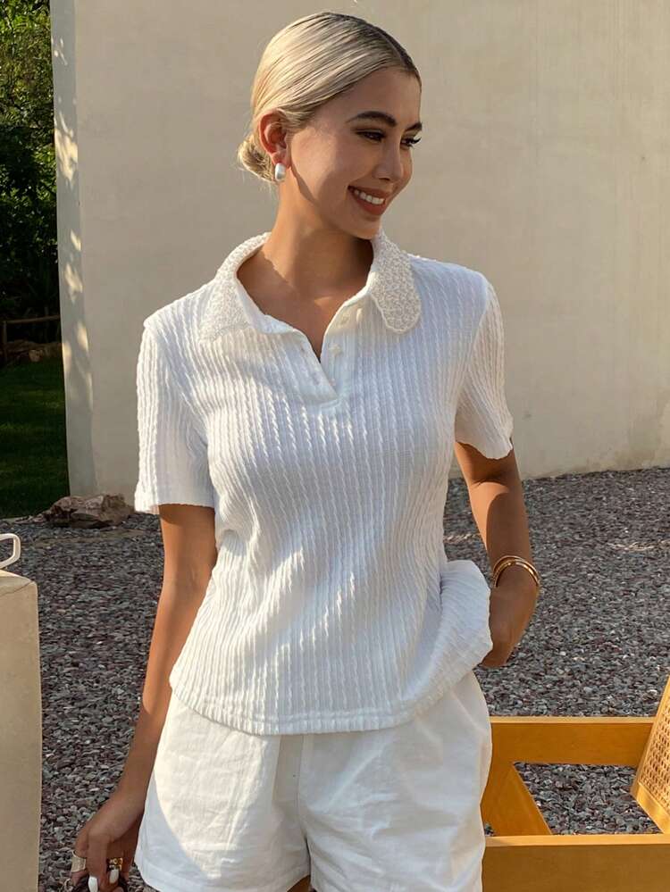 Women's Casual Ribbed Beaded Short Sleeve T-Shirt, Versatile For Summer Preppy Tops