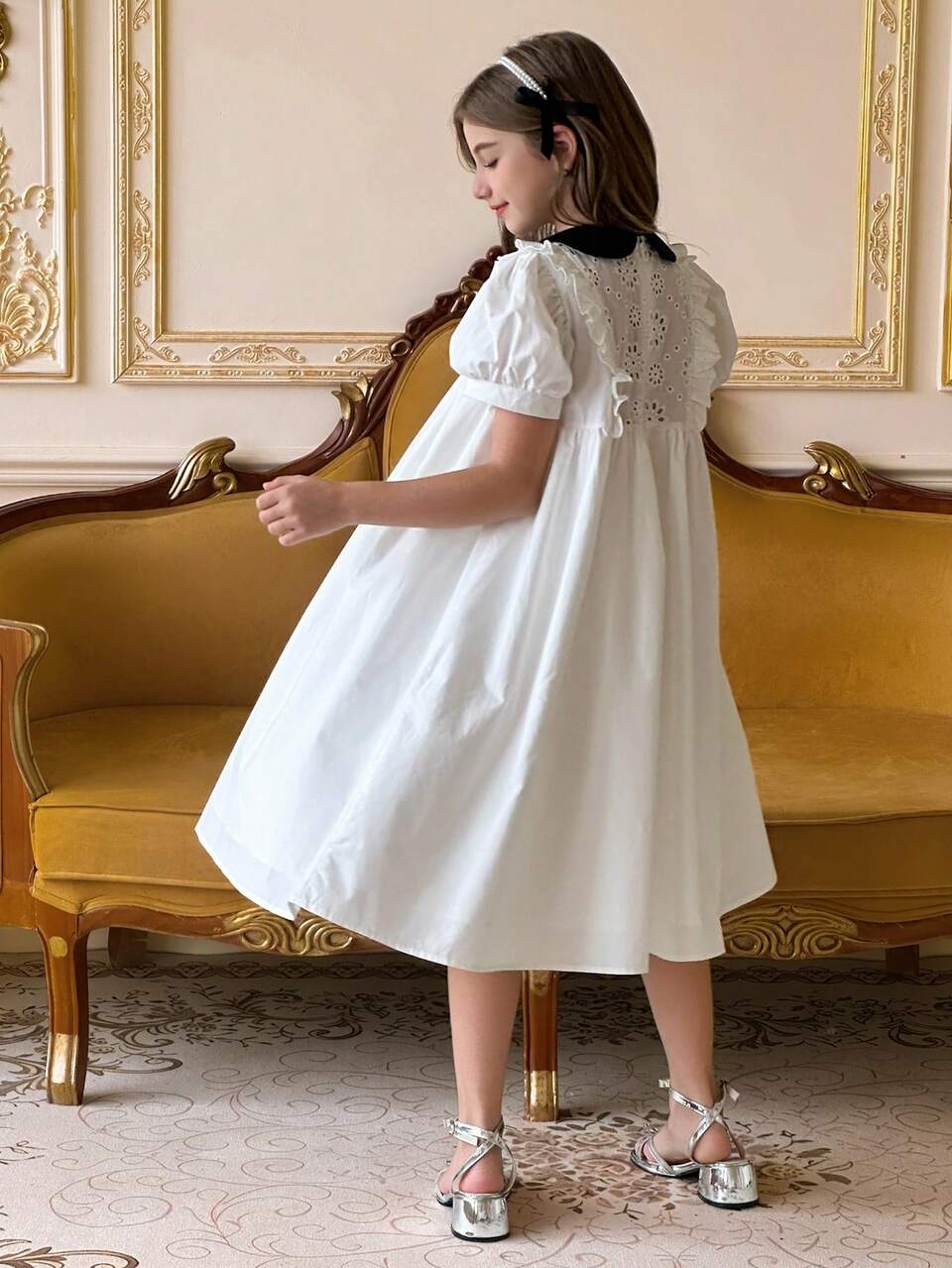 Tween Girls Elegant Cotton Embroidered Puff Sleeve Patchwork Dress, Summer,Back To School Clothes