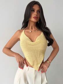SHEIN Privé Camiseta de punto ajustada con cuello de halter y nudo - Amarillo - Ver 6