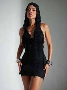 Denimoi Backless Distressed Fringe Hooded BacklesMini Dress - Black - View 1