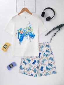 Set de 2 piezas de pijama para hombres jóvenes compuesto por camiseta de manga corta con gráfico de letras casual y pantalones cortos con estampa de videojuego