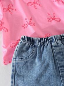 Genkimix Kids 女童休闲甜美圆领蝴蝶印花短袖T恤和松紧腰蝴蝶牛仔短裤套装 - 粉色 - 查看 5