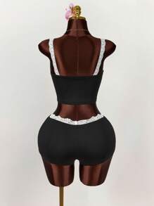 Amplova 2 Stücke/Set Farbblock Spitzen-Patchwork-Top mit Schleifendekor und Mini-Shorts mit Bundfalte - Schwarz - Übersicht 2