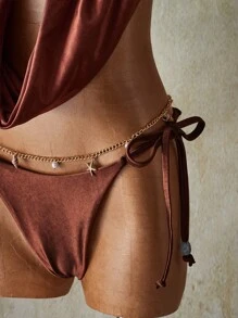 SHEIN ICON Women Boho Beaded Neckline Swimwear Set + Bikini Bottom, Suitable For Vacation And Music Festivals 4th Of July Women Outfits Back To School - Brown - View 5
