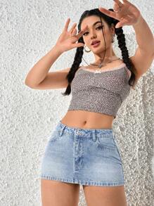 SHEIN PETITE Women Casual Washed Mini Denim Skirt - Light Wash - View 7