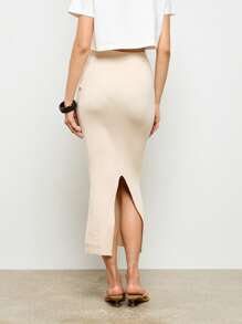AiiRZ Ribbed Knit Button Detail Midi Skirt Column Pencil Style Autumn Winter Elegant Office Wear - Apricot - View 2