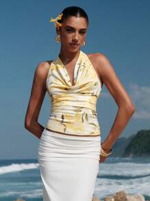 Opulessa Women's Summer Sexy Floral Print Draped Neck Backless Top,Vacation Style, Knitted Romantic Floral Printed,Casual Summer Vacation,Bohemia Beach Vacation,Boho Chic,Holiday Festival,Beach,Summer,Graduation,Beach Essentials,Butter Yellow Tops,4th Of July Women,Club