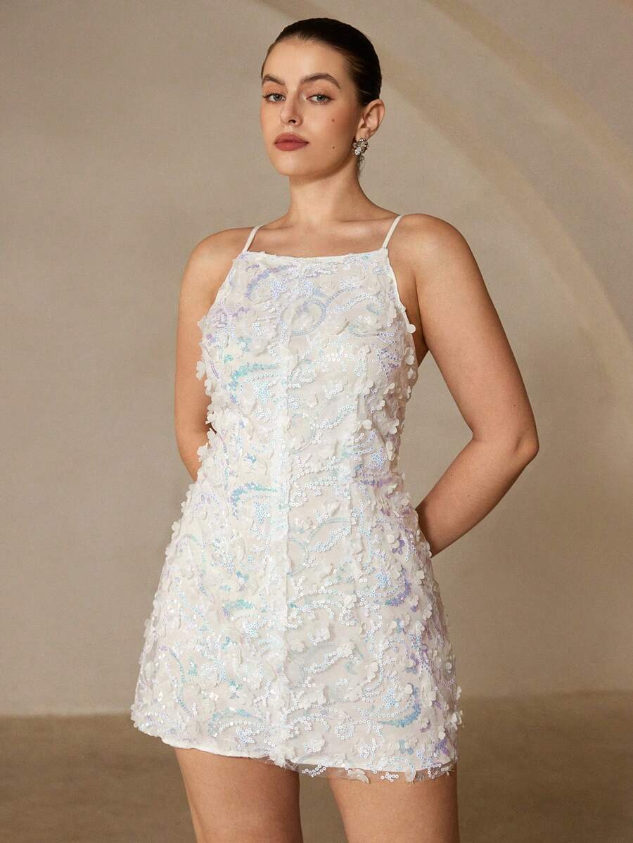 Aveloria Rosie Floral Embroidery 3D Pearl Decorated Dress, Minimalist Silhouette, Elegant Party Dress Vibe, Sleeveless Tank Mini Dress For Plus Size - Multicolor - View 1