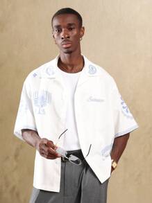 Sumwon 夏季系列短袖纽扣衬衫复古棕榈印花休闲度假海滩度假家居服