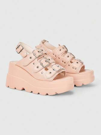 Grunge Punk Sandalias tipo bota de estilo retro con diseño de hebilla metálica, punta abierta, plataforma de tacón plano (7,5 cm), negro, aptas para salidas de verano y citas