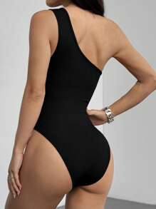 SHEIN Tall Black Ribbed Knit Asymmetric Neckline Cut-Out Skinny Bodysuit, Versatile For Vacation, Beach, Casual Daily Wear, Summer, Tall Women - Black - View 2