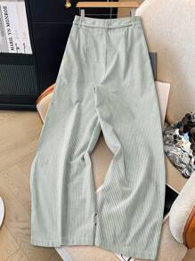 Chiquease 女士休闲蓝色条纹阔腿裤，竹节结带设计，适合春夏季 - 綠色 - 查看 2