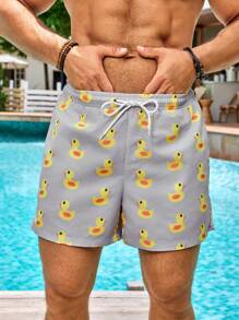 Manfinity Swimmode 男士鸭子印花抽绳腰部泳裤牛奶丝衬里沙滩短裤