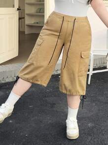 SHEIN EZwear Plus Size Women's Summer Elastic Waist Drawstring Flip Flap Pocket Cargo Denim Jeans