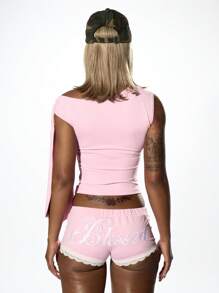 SUMWON WOMEN One Shoulder Asymmetric Graphic Top Ruched Side Summer Festival Dance Performance Shirt Stretch Fitted Fallen Angel Design Streetwear