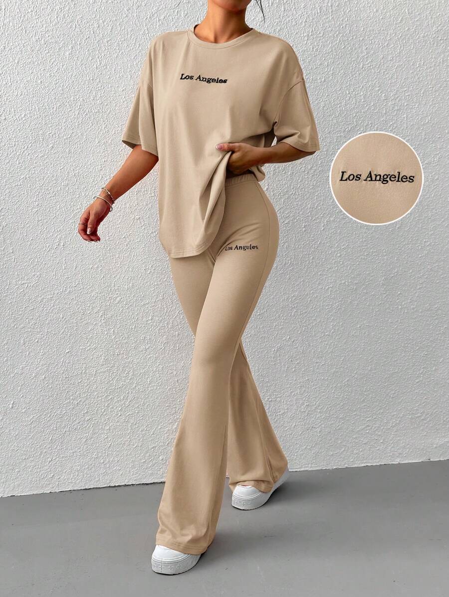 SHEIN EZwear 字母刺绣短袖上衣和喇叭裤夏季休闲装 - 卡其色 - 查看 1