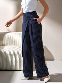 CLARA VERO Pantalones de pierna ancha con rayas azules marinas y detalles de botones para mujer