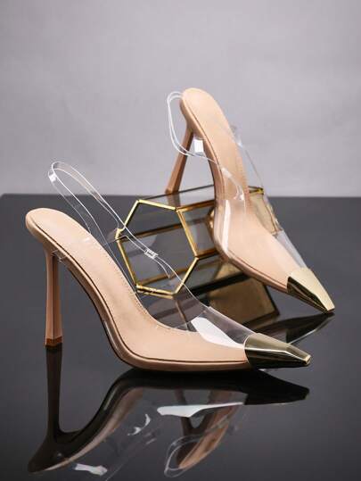 SHUZIA Bombas de tacón de aguja puntiagudas con decoración dorada, tira trasera, sexy, elegantes, color nude y transparentes para fiesta