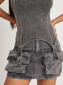 SHEIN Unity 裙子双口袋牛仔夏季迷你俱乐部裙子西部音乐会音乐节优雅假期春假早午餐街头装工装弹力牛仔口袋女装 - 灰色 - 查看 4