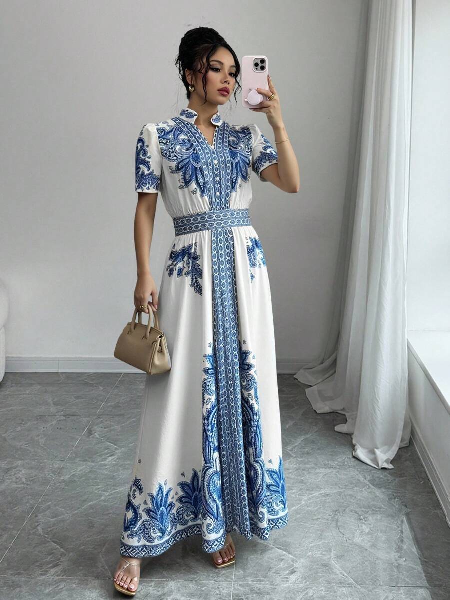 SHEIN Unity 复古印花系腰泡泡袖短款连衣裙 - 藍色 - 查看 1