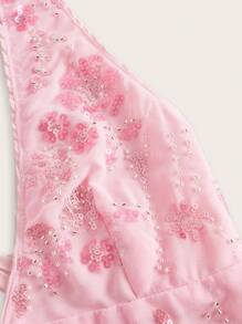 Amplova 2pcs/Set Women's Fashion Sequined Embroidered Halter Top And Mini Skirt Pink - Pink - View 4