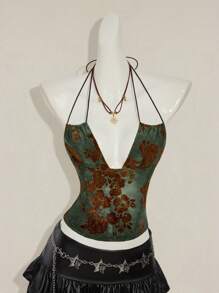 SHEIN ICON Women's Retro Green Flocked Jacquard Criss-Cross Backless Sexy Camisole - Green - View 8