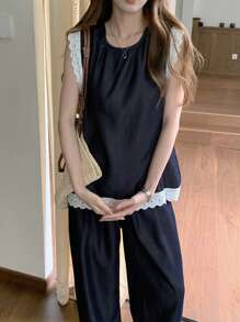 DAZY 2 件套女士夏季圆领蕾丝拼布无袖牛仔套头衫和宽松阔腿裤休闲牛仔装 - 深色水洗藍 - 查看 7