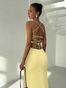 Aloruh Women's Sexy Solid Color Open Back Dress, Summer Butter Yellow Dress,Bodycon Dress - Yellow - View 2