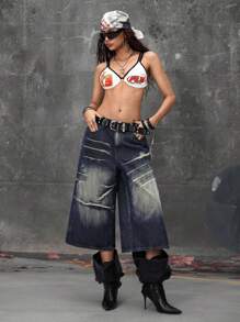 ROMWE Grunge Punk Low Rise Distressed Wash Super Loose Street Style Cropped Jeans - Blue - View 7