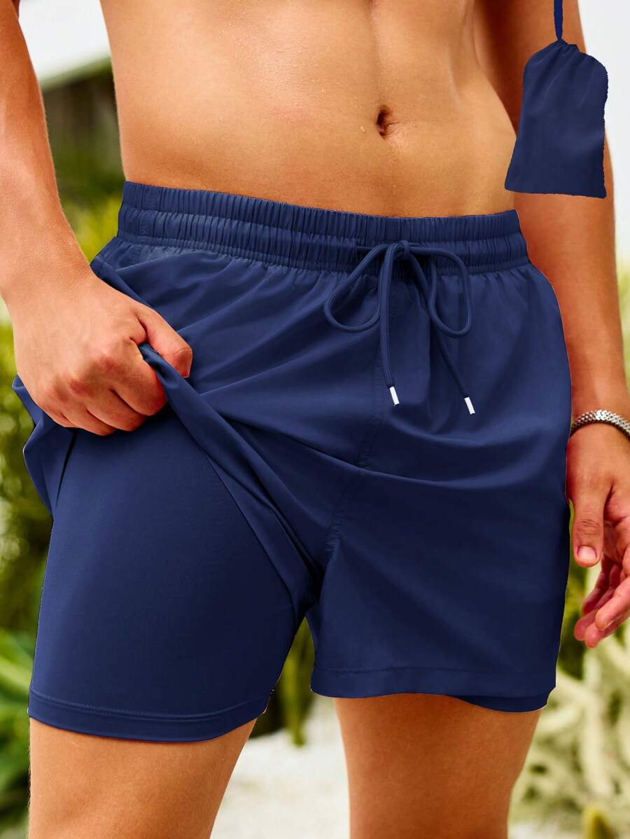 Manfinity Swimmode Men's Solid Color Drawstring Waist Double Layer Beach Shorts - Navy Blue - View 1