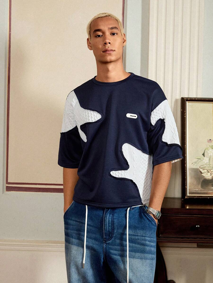 SWAVVY Camiseta de manga corta holgada de punto de vestir informal para hombre, uso diario, verano - Azul Marino - Ver 1