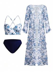 Swim Oasis V-Neck Blue Floral Print Halter Backless Bikiniseta With Kimonos, High-End Summer Beach Outfit For Women - Multicolor - View 1