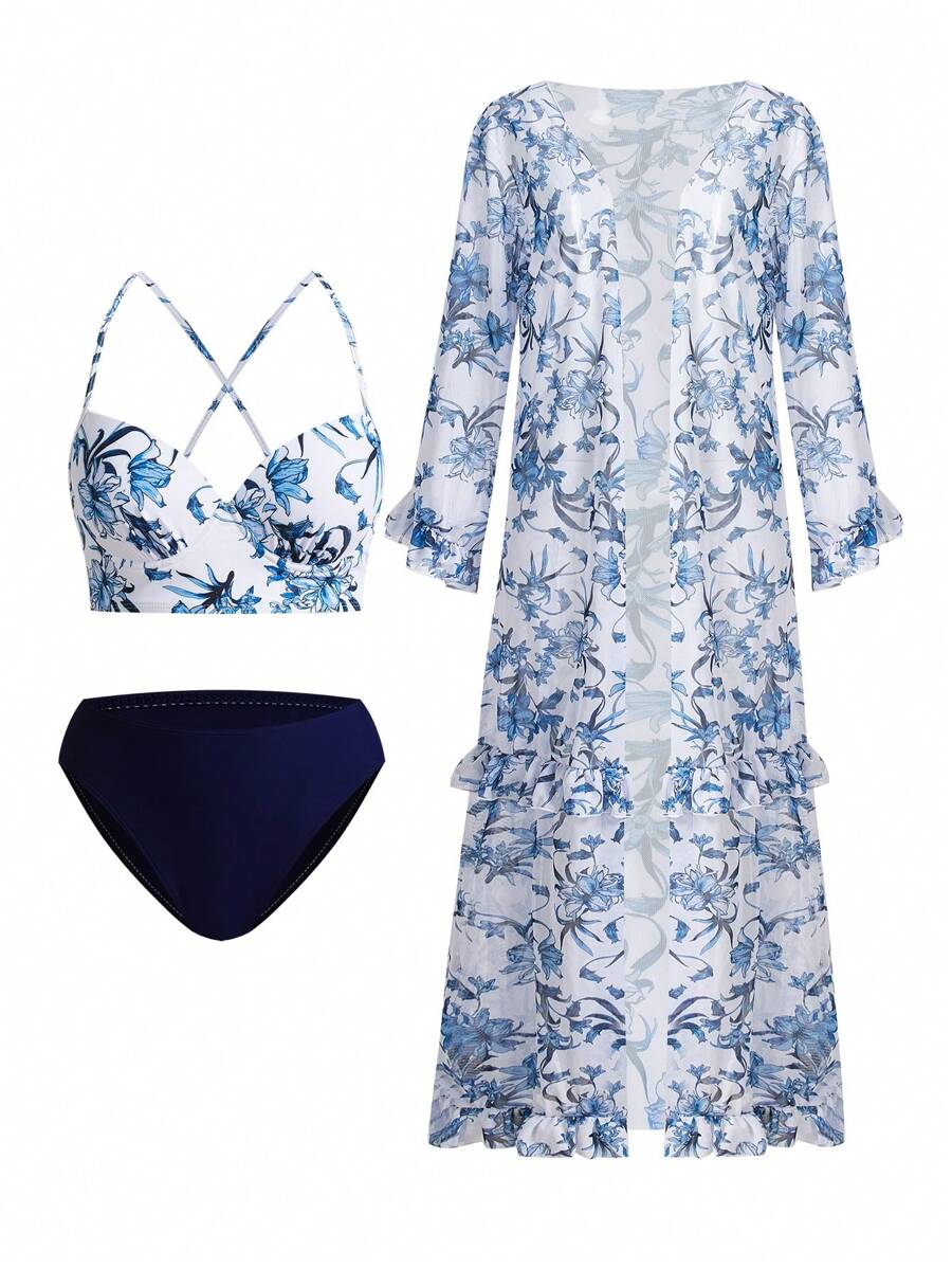 Swim Oasis V-Neck Blue Floral Print Halter Backless Bikiniseta With Kimonos, High-End Summer Beach Outfit For Women - Multicolor - View 1