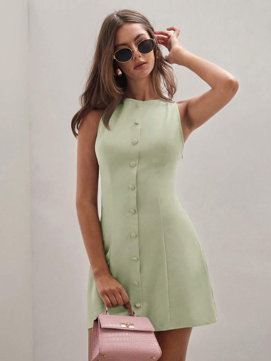 COSMINA Women's Minimalist Solid Color Single-Breasted Sleeveless Mini Dress, Summer,Business Casual Woman - Green - View 1