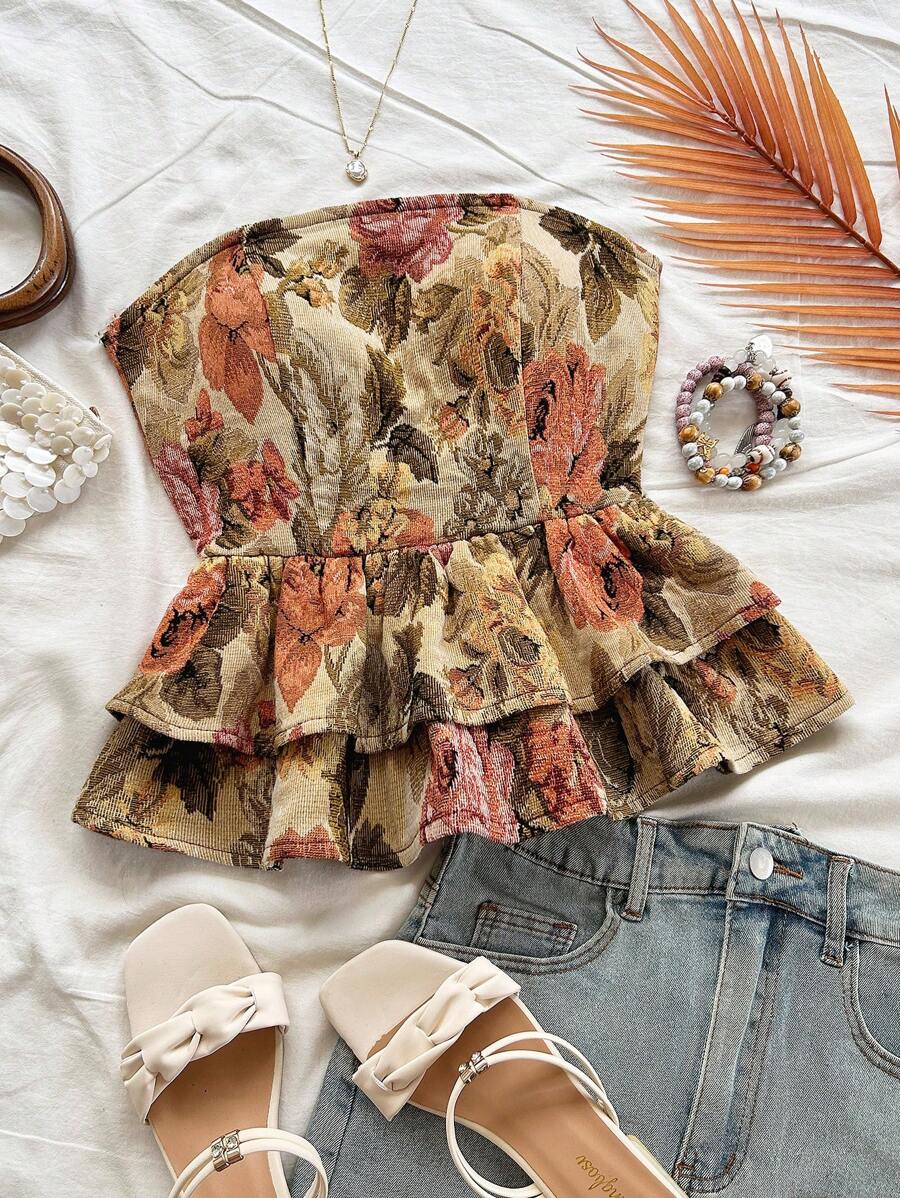 Soleia 全新抹胸露背系带荷叶边蓝色花卉印花修身衬衫 - 彩色 - 查看 1