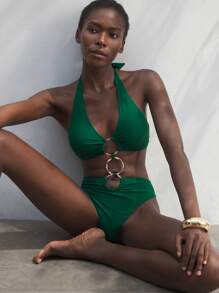 Maija Women's Solid Color Circular Ring Decor Hollow Sexy One-Piece,High Waisted Bathing Suit, Old Money - Green - View 4