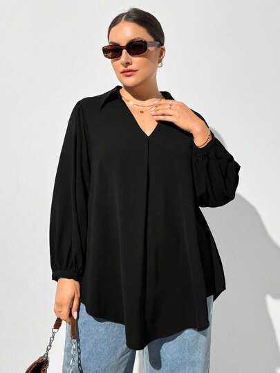 Shapeblank Plus Size Women's Black Autumn Casual Soft Form Business Elegant Everyday Formal Office Work Loose V-Neck Long-Sleeved Shirt Blouse Curv Tops Wear