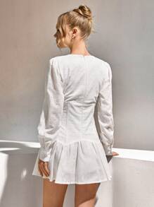 CLARA VERO Robe courte élégante pour femmes, manches bouffantes, unie, avec broderie - Blanc - Voir 2
