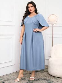 Modelyn 大码女式优雅珍珠装饰斗篷设计中长连衣裙 - 藍色 - 查看 5