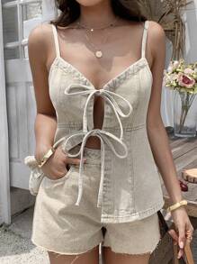 DAZY 女士休闲时尚系带牛仔吊带背心 Y2k，适合海滩、节日和度假 - 黃色 - 查看 5