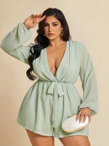 SHEIN BAE 加大码纯色低胸灯笼袖系带连体衣