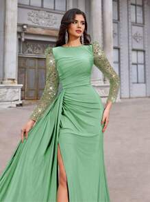 Aureia Đầm suông đuôi cá xẻ tà cao, cổ tròn, thêu hạt cườm sang trọng, thanh lịch, sang trọng, dài tay, bó sát, phù hợp cho tiệc độc thân, hẹn hò, đám cưới, sinh nhật, dạ tiệc, trang trọng, váy cưới, cho khách dự tiệc cưới - Màu xanh Bạc hà - Xem 5