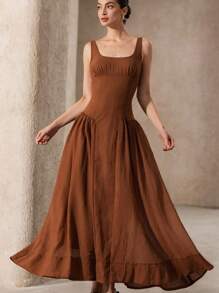 Revavyn Summer Lightweight Breathable Linen-Like Fabric Sweet & Slimming Square Neck Sleeveless Cinched Waist Flared Dress For Ladies - Brown - View 4