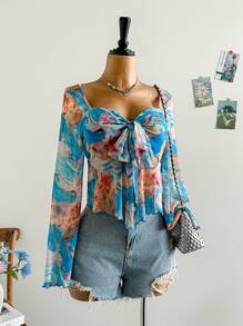 Dreamara 大码女式度假毕业返校秋季度假扎染花卉印花系带长袖牛仔嬉皮上衣夏季波西米亚风上衣 - 彩色 - 查看 6