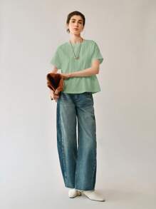 Uhlyne 女士假日沙滩休闲通勤场合穿着纯棉圆领薄荷绿收腰插肩袖T恤上衣商务休闲、工作服、办公室、教师女装 - 綠色 - 查看 9