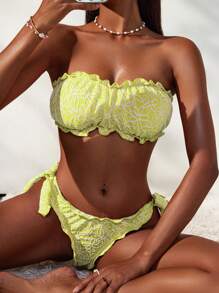 Swim Mod 女士夏季沙滩花卉提花吊带性感比基尼泳装套装 - 黃色 - 查看 3