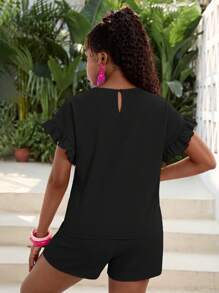 SHEIN Conjunto de 2 piezas de blusa de manga corta con textura de color negro puro y pantalones cortos de cintura elástica, look casual de vacaciones para adolescentes, adecuado para el verano