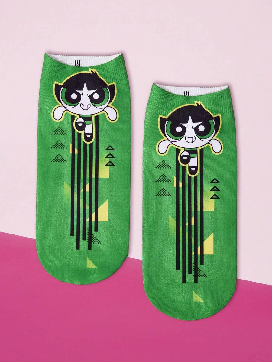 THE POWERPUFF GIRLS X SHEIN 1双时尚绿色毛茛图案踝袜 - 彩色 - 查看 1