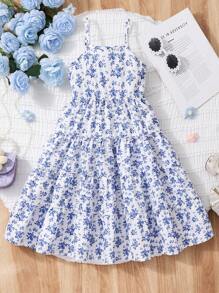 年轻女孩碎花无袖休闲/沙滩裙，蓝色 - 藍色 - 查看 1