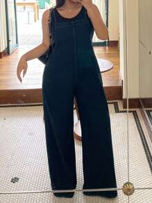 Dazy Plus Plus Size Dark Wash Loose Fit Denim Bib Overall Long Jumpsuit, All Season
